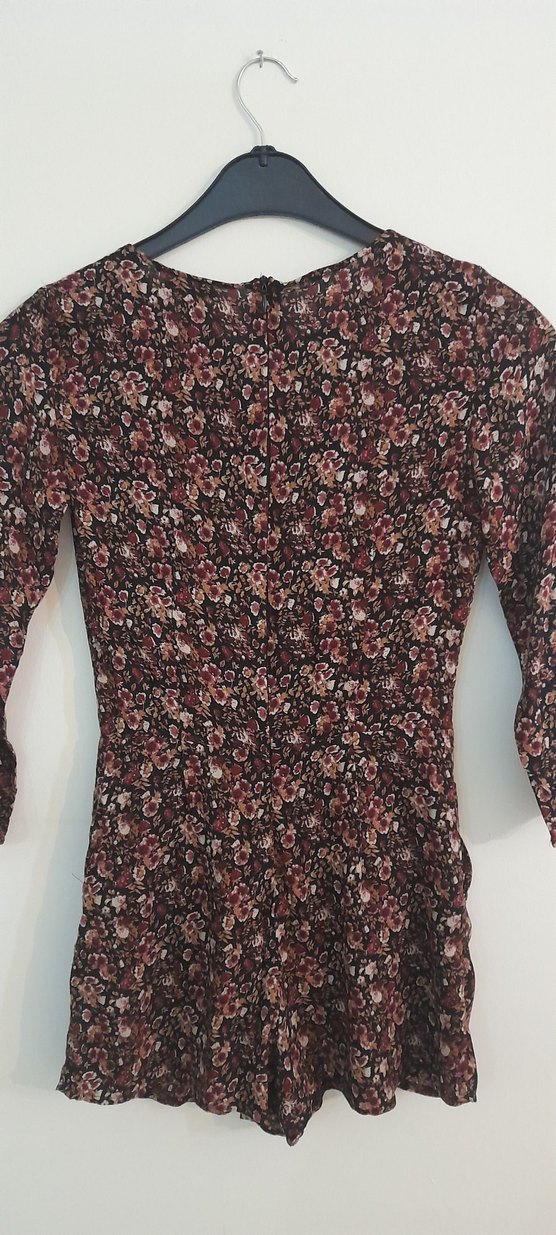 Bordo Çiçekli Uzun Kollu Mini Tulum - Görsel 4