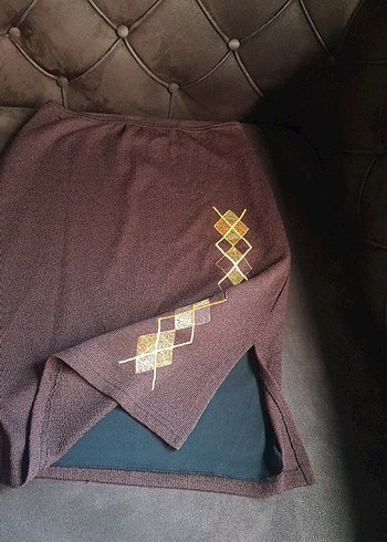 Nakışlı Kahverengi Triko Midi  Etek - Görsel 2