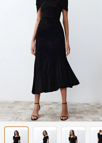 Siyah A kesim asimetrik yaka örme şık abiye elbise - Görsel 2