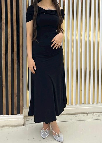 Siyah A kesim asimetrik yaka örme şık abiye elbise - Görsel 4