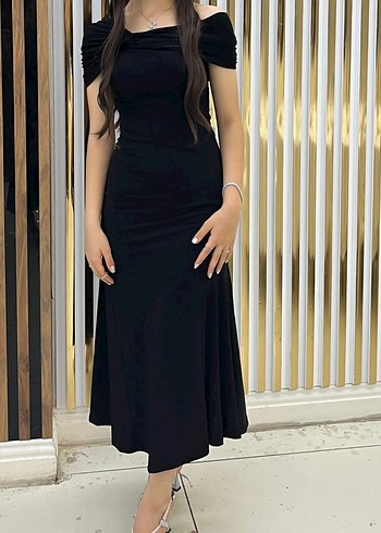 Siyah A kesim asimetrik yaka örme şık abiye elbise - Görsel 3