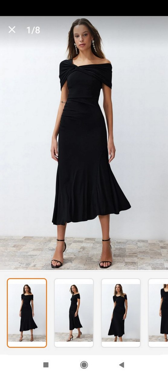 Siyah A kesim asimetrik yaka örme şık abiye elbise - Görsel 2