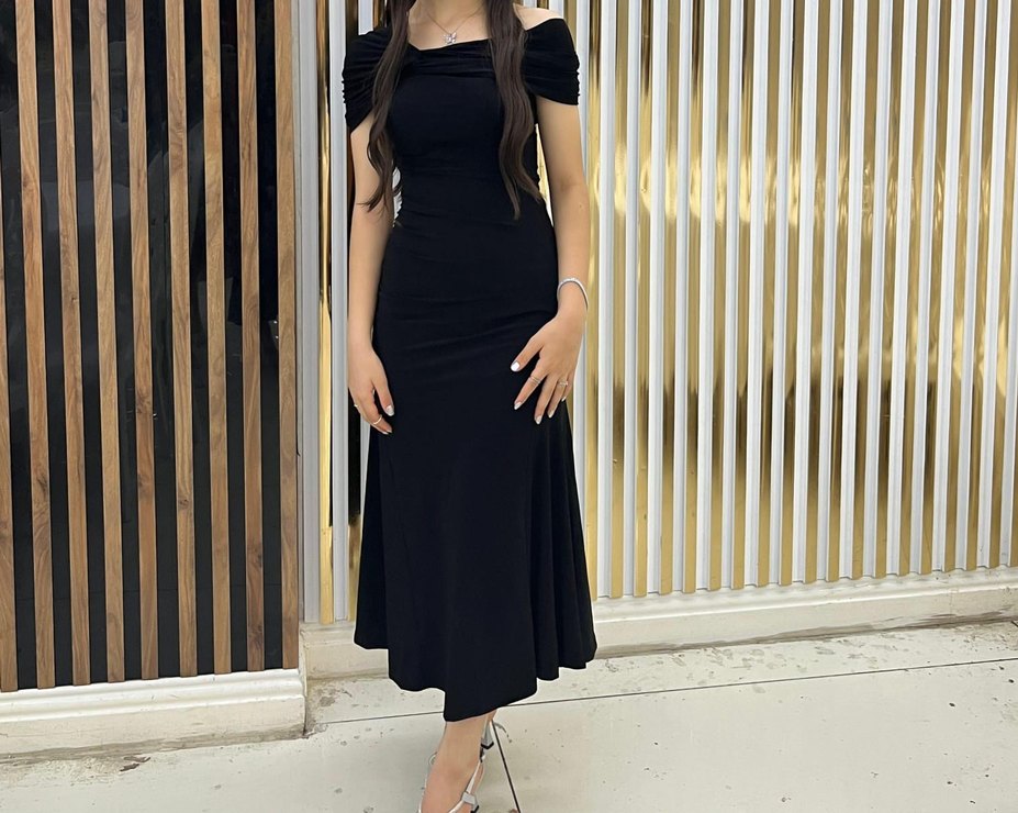 Siyah A kesim asimetrik yaka örme şık abiye elbise - Görsel 3