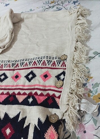 Bej Kapüşonlu Desenli Kız Çocuk Triko Panço LCW - Görsel 5