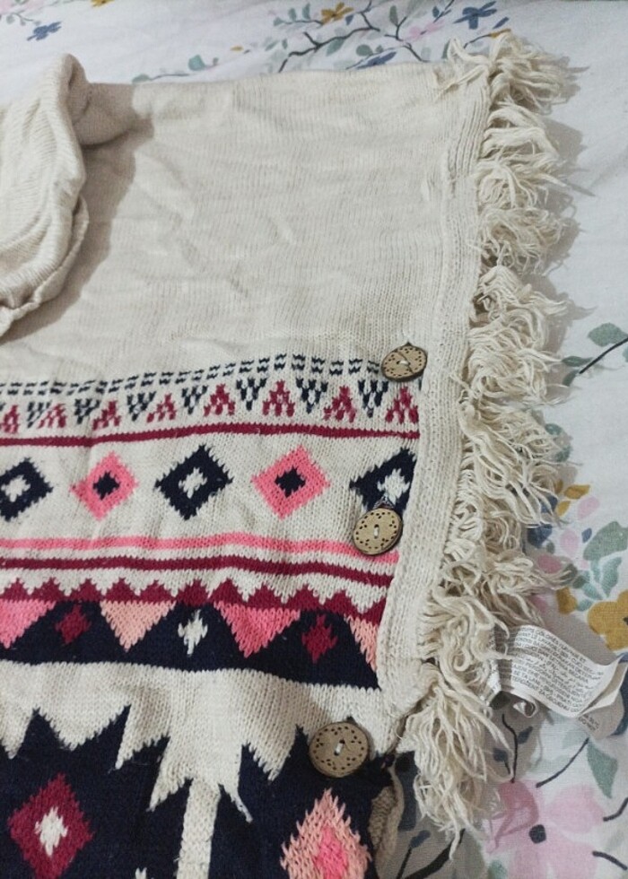 Bej Kapüşonlu Desenli Kız Çocuk Triko Panço LCW - Görsel 5