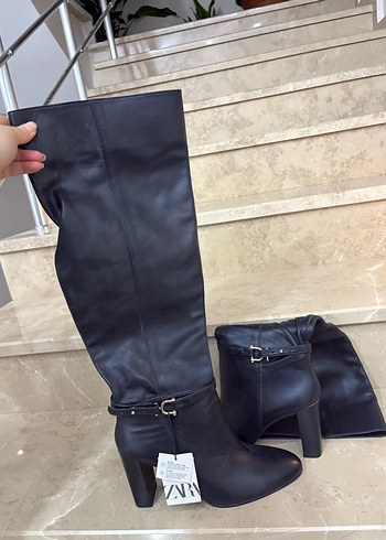 Kadın Siyah Deri Tokalı Dizüstü Bot - Görsel 2