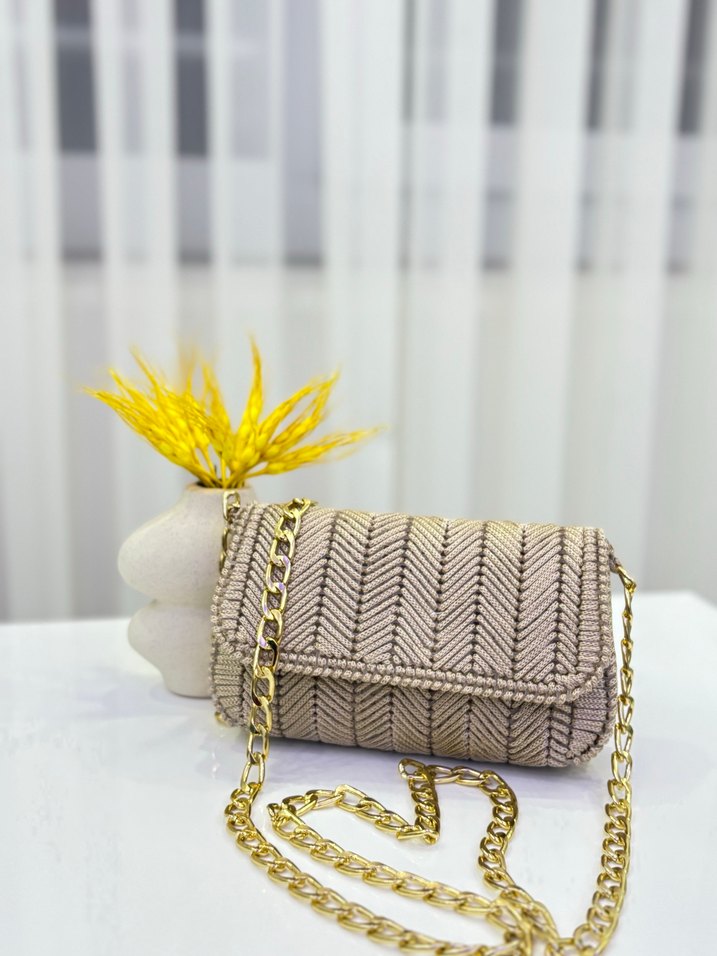 Bej Örgü Kadın Çanta Zincir Detaylı - Görsel 2