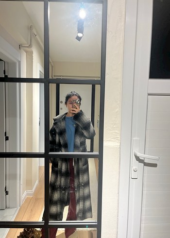 Gri Ekose Kadın Uzun Yün Kaban - Görsel 5