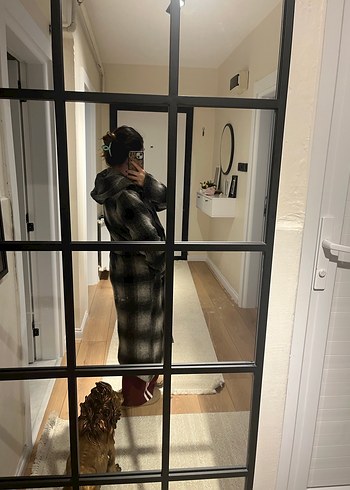 Gri Ekose Kadın Uzun Yün Kaban - Görsel 6