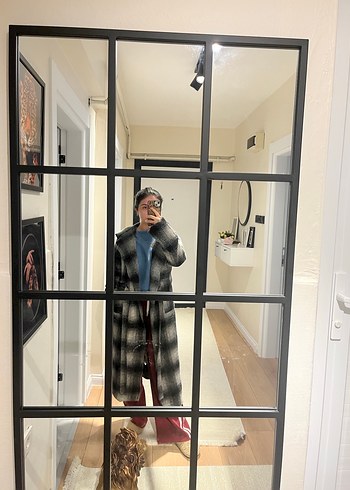 Gri Ekose Kadın Uzun Yün Kaban - Görsel 4