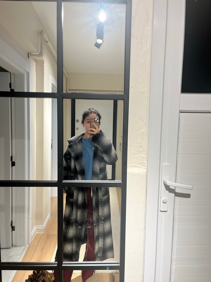 Gri Ekose Kadın Uzun Yün Kaban - Görsel 5