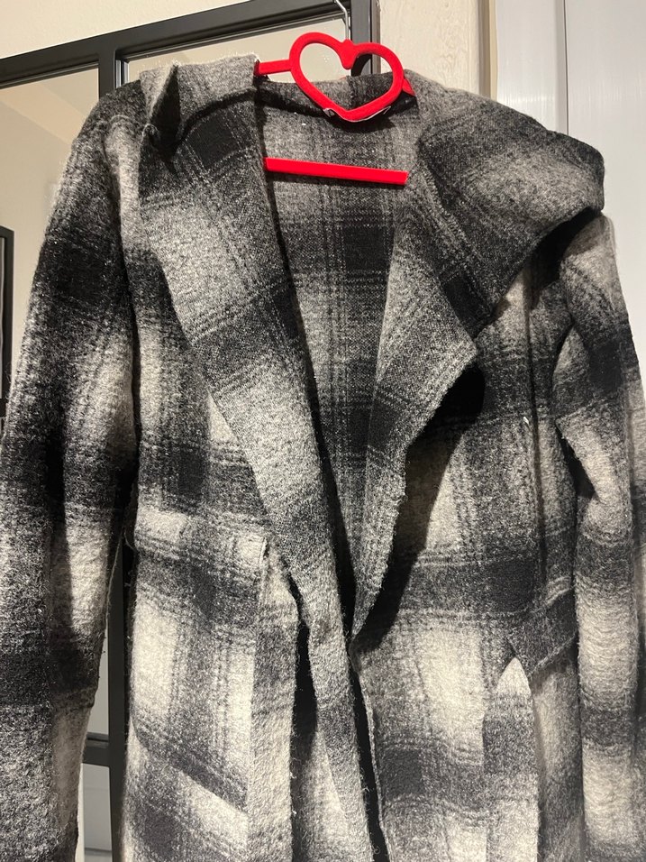 Gri Ekose Kadın Uzun Yün Kaban - Görsel 2