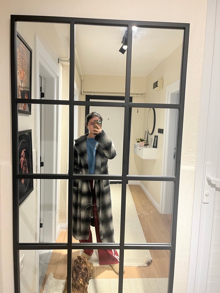 Gri Ekose Kadın Uzun Yün Kaban - Görsel 4