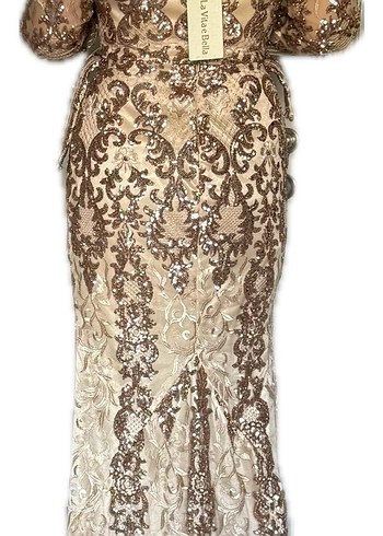 Bej Dantelli V Yaka Uzun Abiye Elbise - Görsel 3