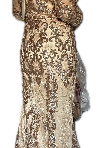 Bej Dantelli V Yaka Uzun Abiye Elbise - Görsel 2