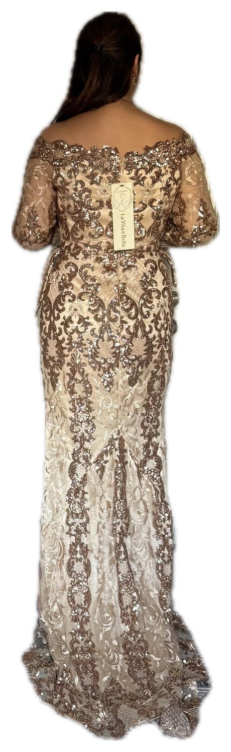 Bej Dantelli V Yaka Uzun Abiye Elbise - Görsel 3