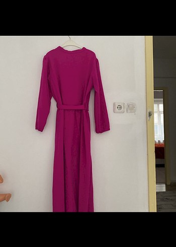 Düğmeli Uzun Pembe Kadın Elbise - Görsel 2