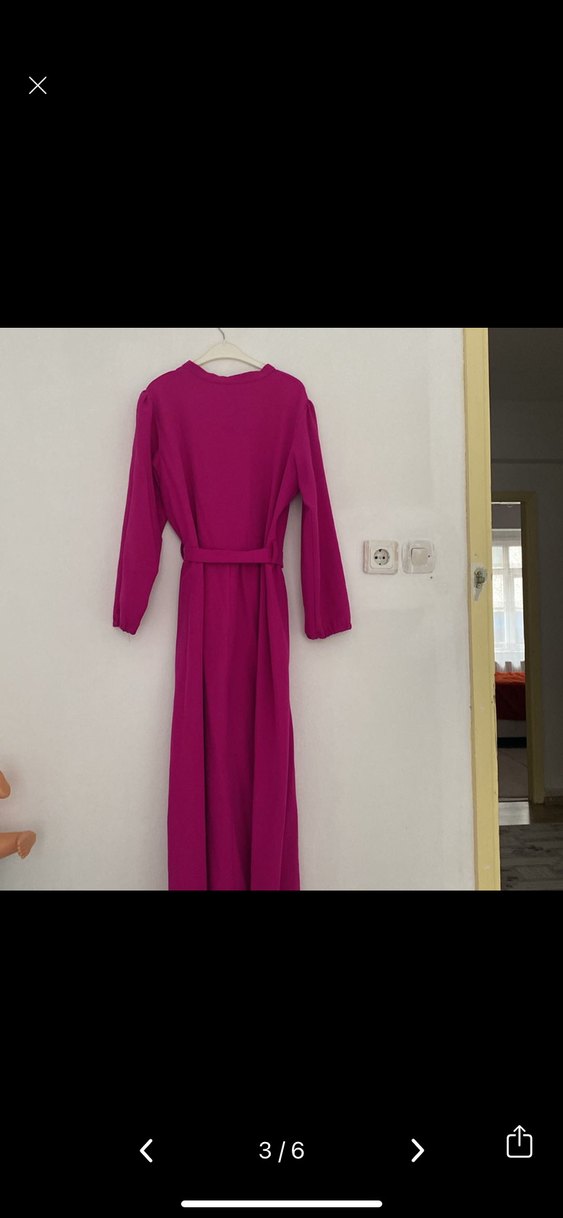 Düğmeli Uzun Pembe Kadın Elbise - Görsel 2