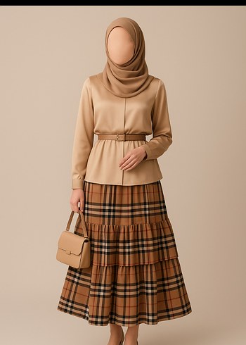 (Marka temsili)Kadın Camel Kemerli Uzun Ekose Etek - Görsel 2
