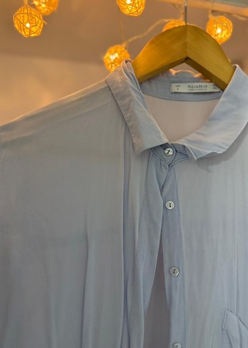 Mavi Düğmeli Uzun Kollu Keten Gömlek - Görsel 3