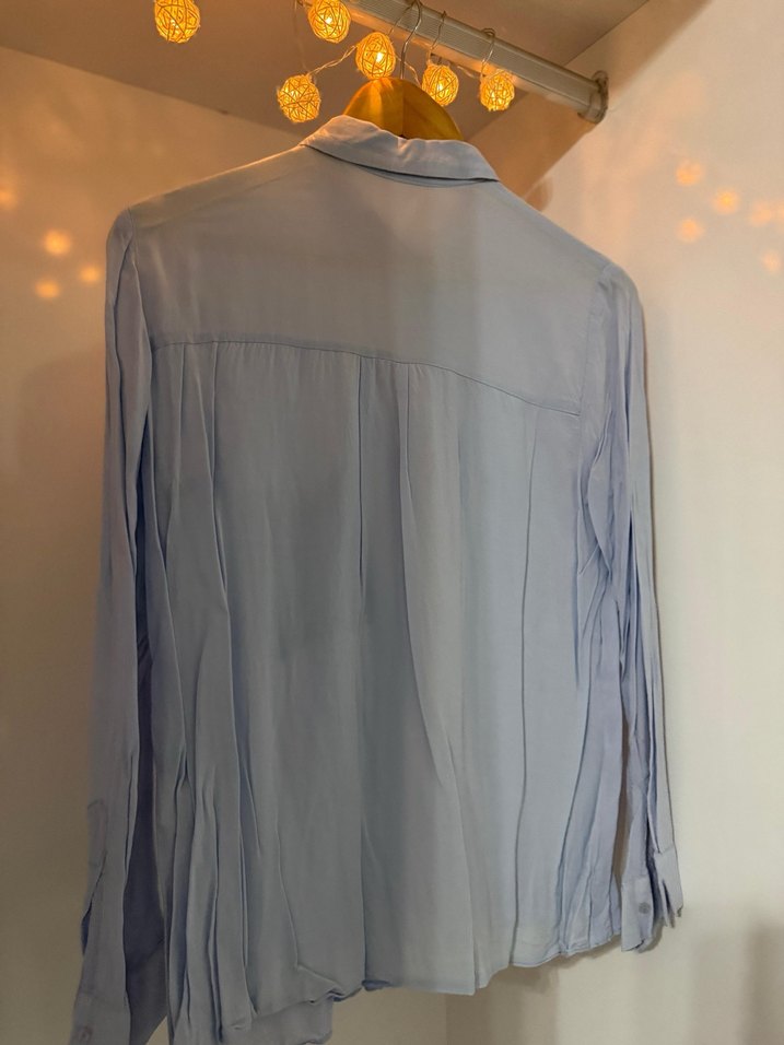 Mavi Düğmeli Uzun Kollu Keten Gömlek - Görsel 5