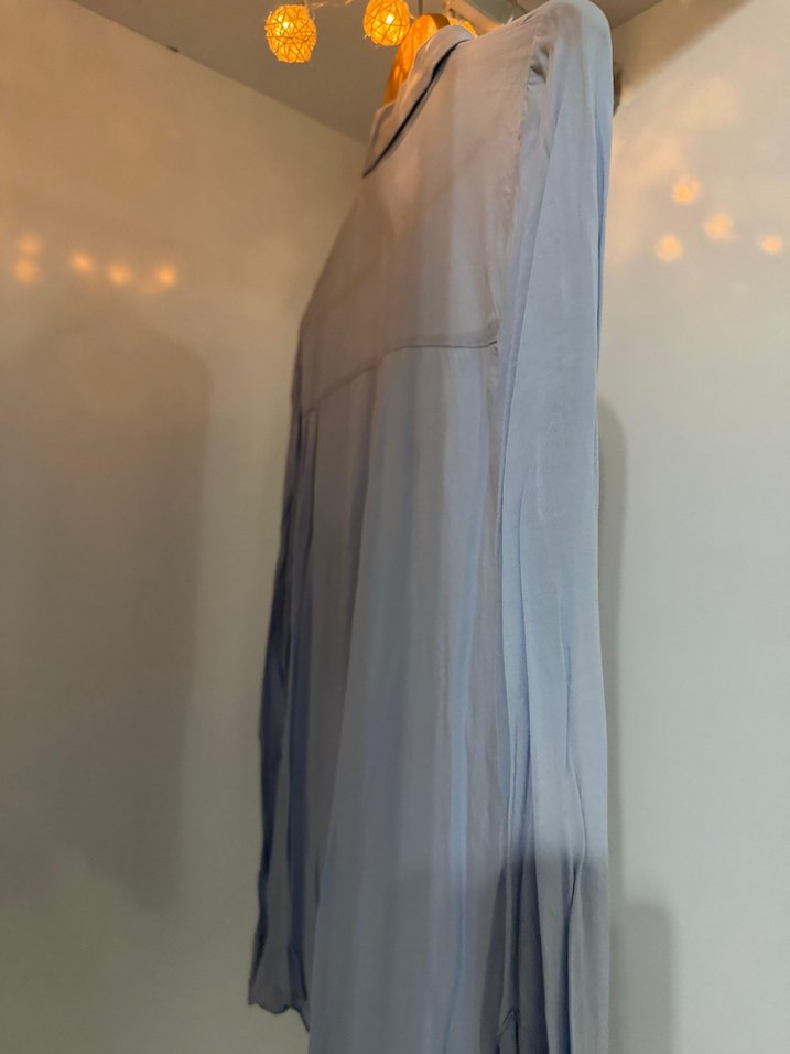 Mavi Düğmeli Uzun Kollu Keten Gömlek - Görsel 4