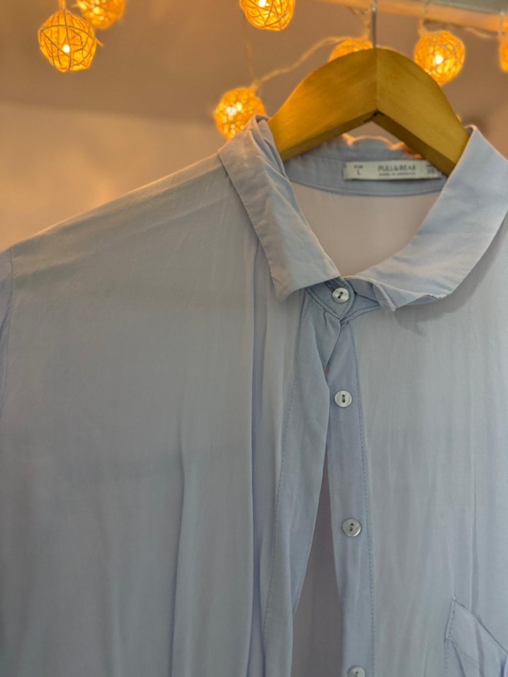 Mavi Düğmeli Uzun Kollu Keten Gömlek - Görsel 3