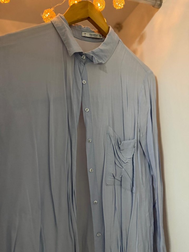 Mavi Düğmeli Uzun Kollu Keten Gömlek - Görsel 2