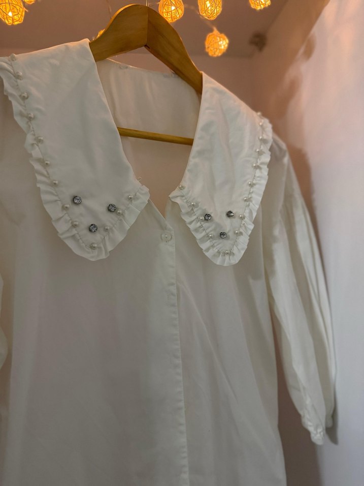 Nakışlı Beyaz Bohem Kadın Gömlek - Görsel 5