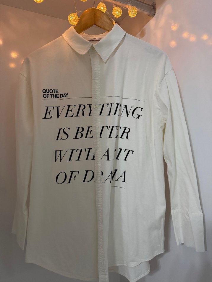 Beyaz Baskılı Pamuklu Kadın Gömlek - Görsel 4