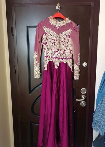 Dantel Detaylı Uzun Mor Kadın Abiye Elbise - Görsel 2