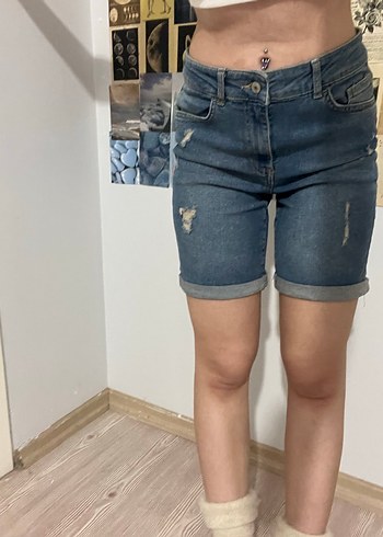 Kadın Mavi Denim Midi Şort - Görsel 3