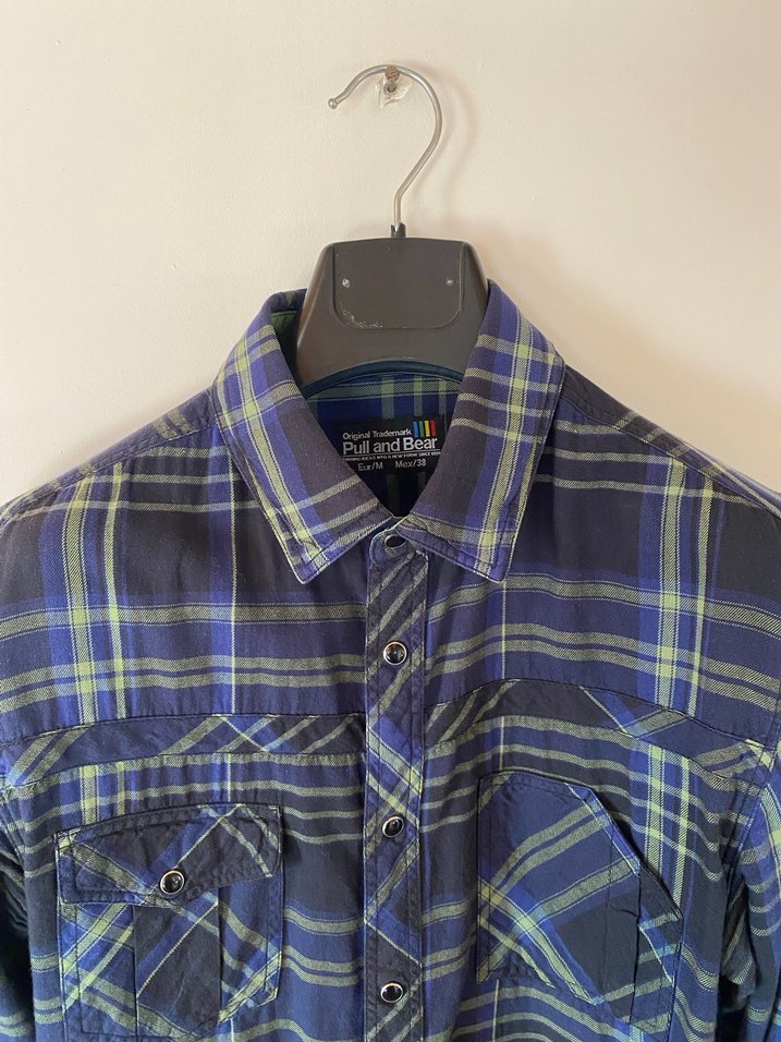 Pull & Bear Lacivert Kareli Pamuklu Gömlek - Görsel 2