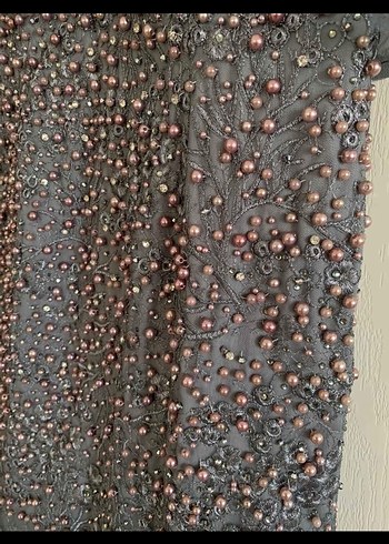 Gri V Yaka Nakışlı Uzun Abiye Elbise - Görsel 7