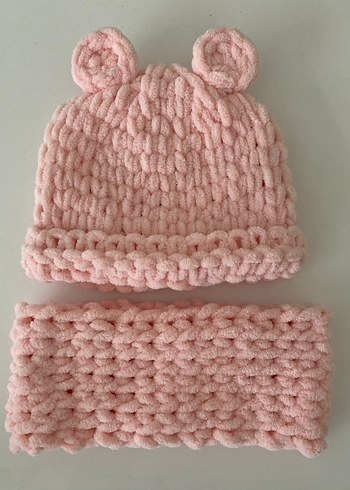 1-2 Yaş, 19 cm Beden Pembe Örgü Bebek Bere ve Boyunluk Seti