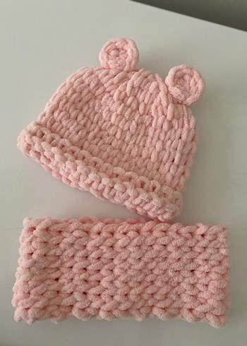 Pembe Örgü Bebek Bere ve Boyunluk Seti