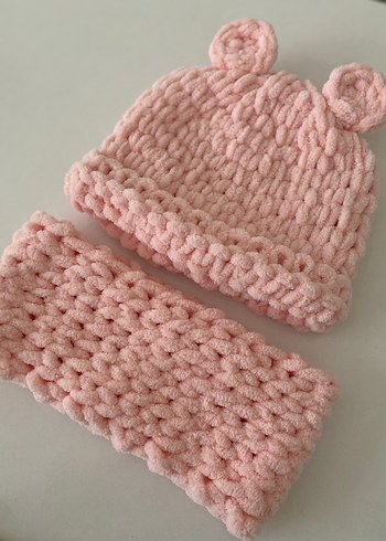 Puffy Pie Pembe Örgü Bebek Bere ve Boyunluk Seti