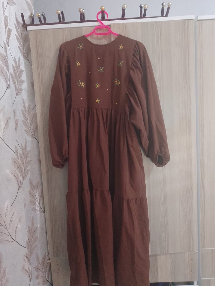 Nakışlı Kahverengi Bohem Midi Elbise - Görsel 2