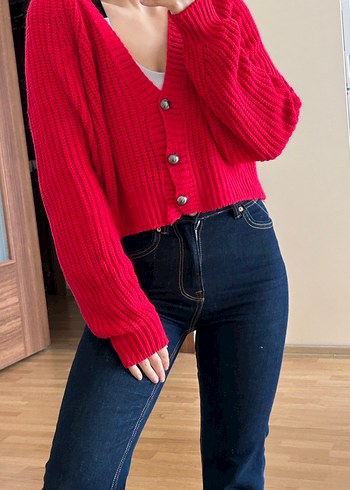 Kırmızı V Yaka Örgü Kadın Hırka - Görsel 3