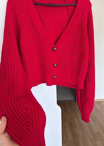 Kırmızı V Yaka Örgü Kadın Hırka - Görsel 2