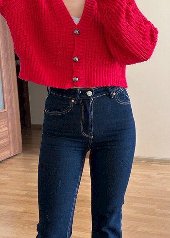 Kırmızı V Yaka Örgü Kadın Hırka - Görsel 4