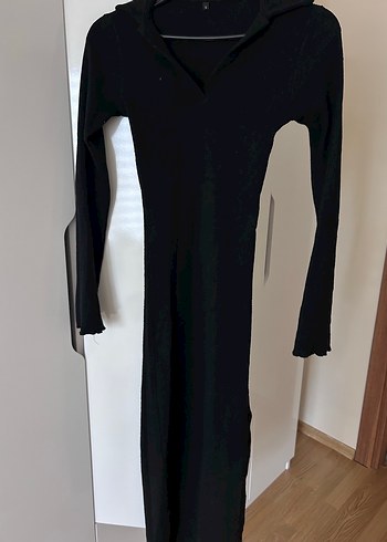 Siyah Polo Yakalı Kadın Uzun Elbise - Görsel 3