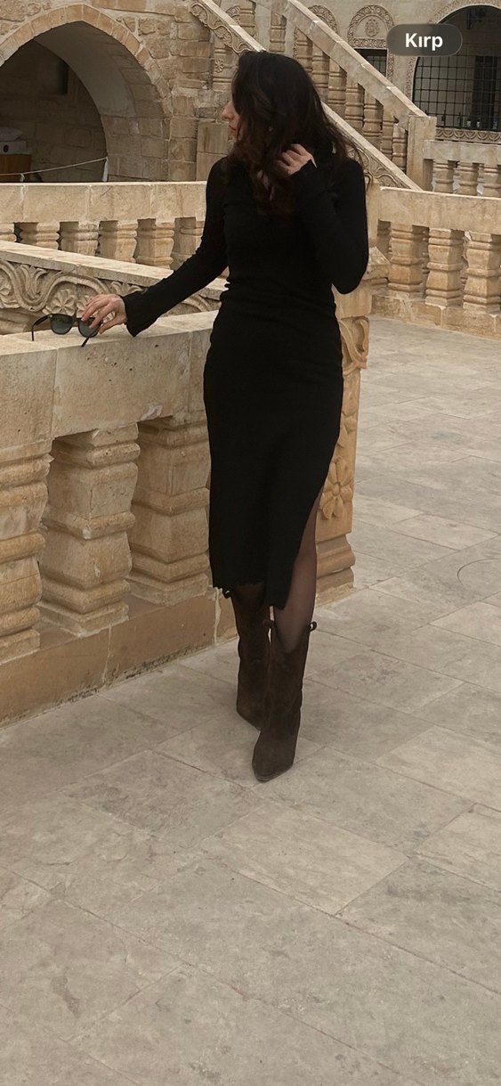 Siyah Polo Yakalı Kadın Uzun Elbise - Görsel 2