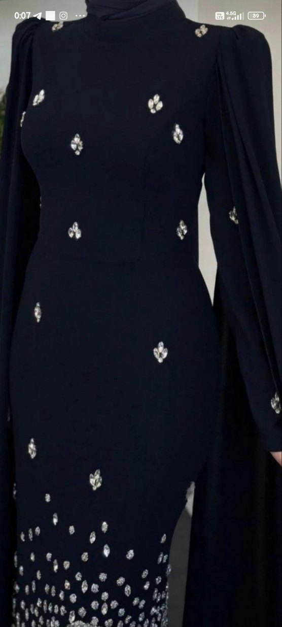 Lacivert Uzun Kollu Drapeli Abiye Elbise - Görsel 4