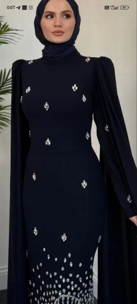 Lacivert Uzun Kollu Drapeli Abiye Elbise - Görsel 2