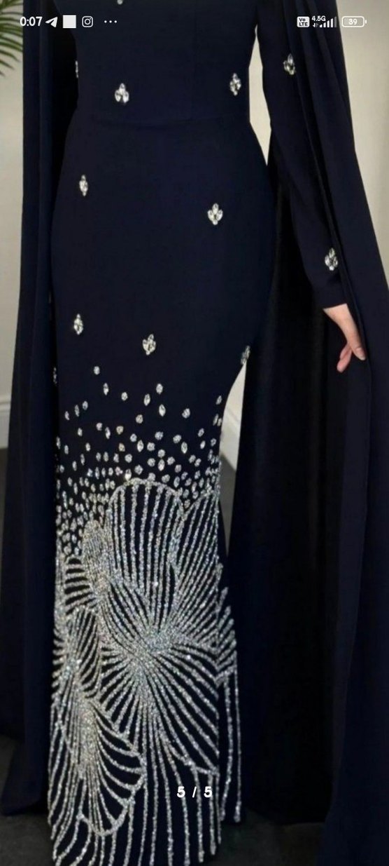 Lacivert Uzun Kollu Drapeli Abiye Elbise - Görsel 5