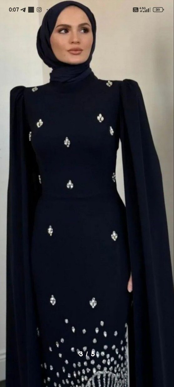 Lacivert Uzun Kollu Drapeli Abiye Elbise - Görsel 3