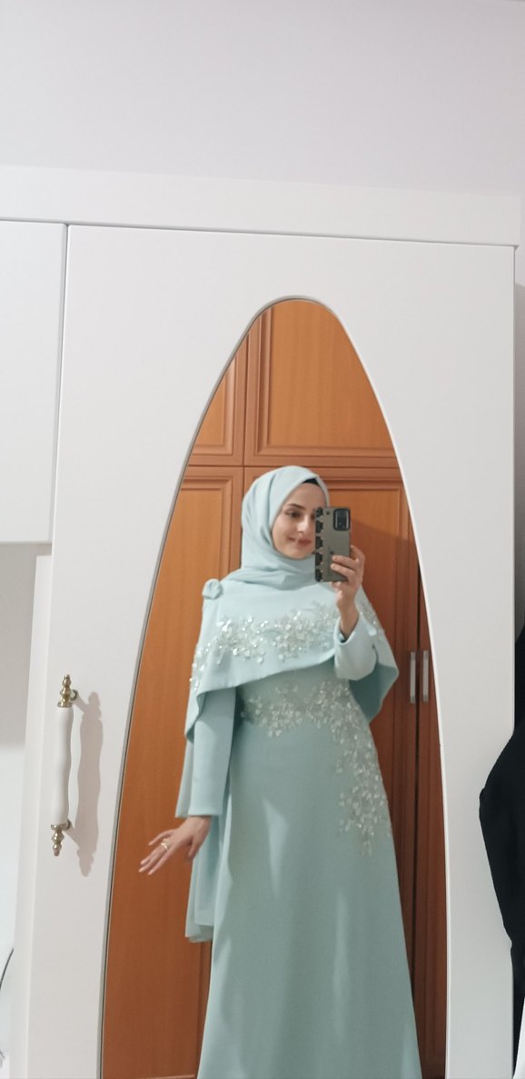 Nakışlı Uzun Kollu Mavi Abiye Elbise - Görsel 3