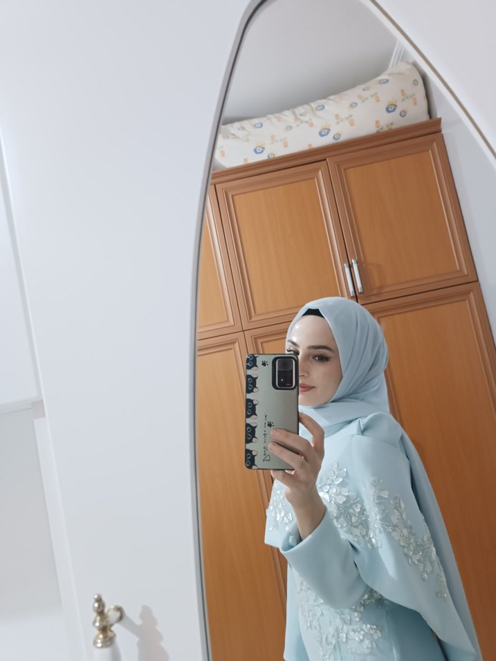 Nakışlı Uzun Kollu Mavi Abiye Elbise - Görsel 2