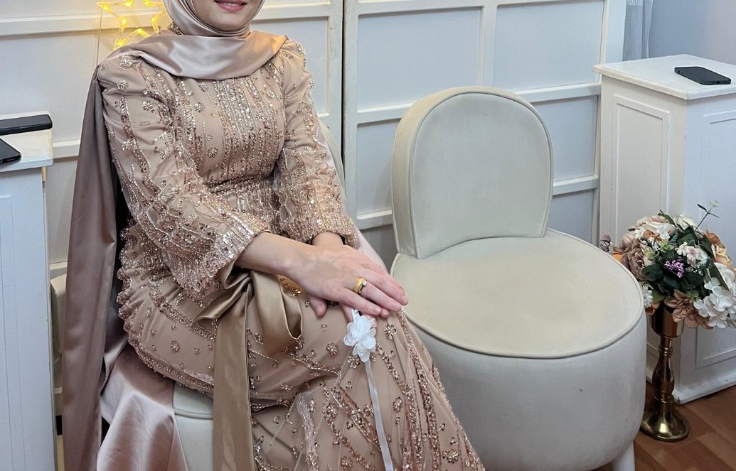 Uzun Kollu İşlemeli Pudra Abiye Elbise 38-40 uyumlu - Görsel 2